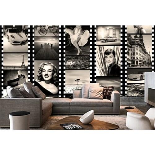 Wholesale Large Vintage Custom Black White Figure Marilyn Monroe 3d Photo Mural Wallpaper for Coffee Bar Living Room 3d Fresco