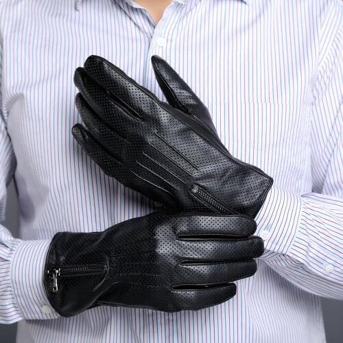 Genuine Leather Gloves Male Classic Black Zipper Style Autumn Winter Plus Velvet Thicken Warm Mans Sheepskin Gloves DQ9107