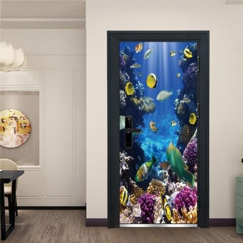 Underwater World Door Wallpaper Waterproof Self-adhesive Door Sticker Shoal Of Fish Aquarium Children Bedroom Nursery Home Decor