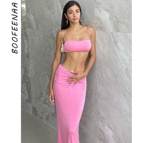 BOOFEENAA Sexy Two Piece Set Crop Top Long Tight Skirt Birthday Party Dress Suits 2021 Two Piece Night Out Outfits C15-BF24