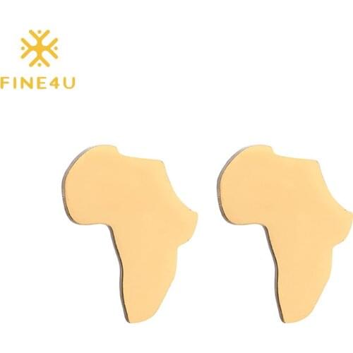 FINE4U E215 Stainless Steel Gold Color Africa Map Stud Earrings Ornaments Traditional Ethnic Hyperbole Gift