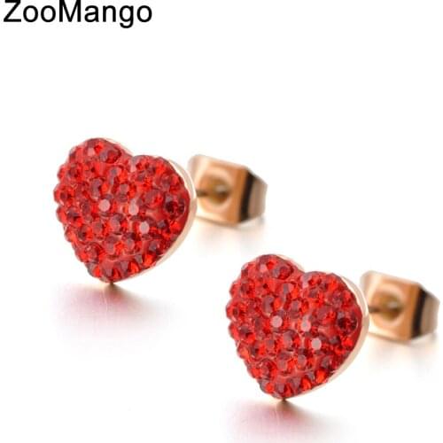 ZooMango Classic Titanium Steel Red Crystal Heart Love Earrings Rose Gold Rhinestone Wedding Stud Earrings For Women ZE18008