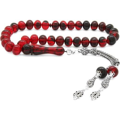 Tesbihane 925 Sterling Silver Tassels Wheel Cut Filtering Red Fire Amber Prayer Beads