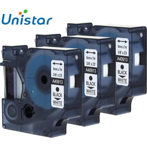 UNISTAR 3pcs/lot Label Cartridge for Dymo Label Maker for D1 Label Printer A40913 Black on White 9mm Label Tape 9mm Ribbon