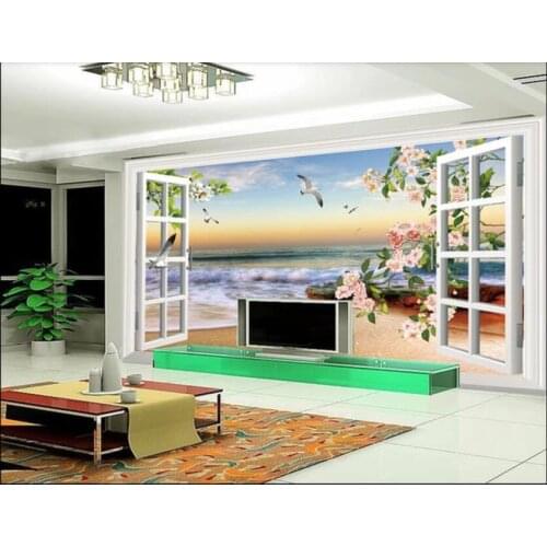 WDBH Custom photo 3d wallpaper Window sea flowers tv background living room decor 3d wall murals wallpaper for walls 3 d
