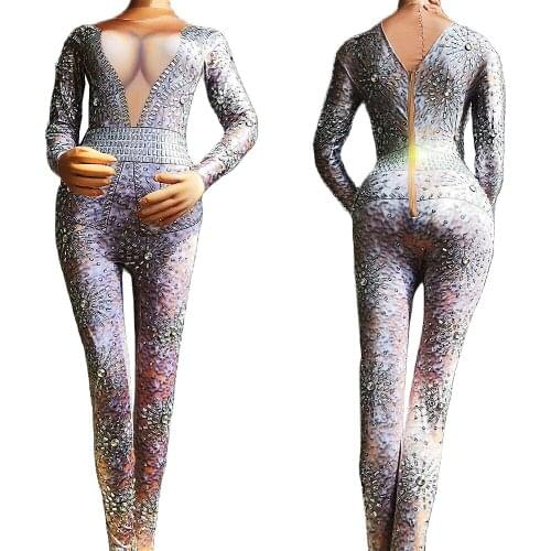 Long Sleeve Shining Diamonds Women Jumpsuits Nightclub Prom Party Birthday Celebrate Costumes Singer Performance Stage Wear