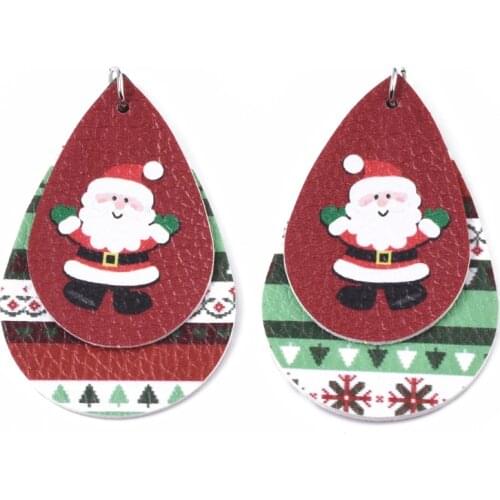 40pcs Christmas PU Leather Big Pendants Charms Teardrop with Christmas Reindeer/Stag for DIY Earring Jewelry Making Supplies