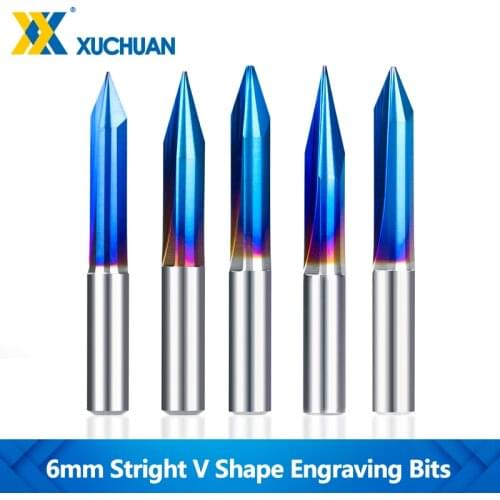 6mm Shank 2 Flutes Straight Engraving Bits Nano Blue Coated V Shape End Mill 15/20/25/30 Degree Tip 0.3-1.0mm CNC Carving Bits
