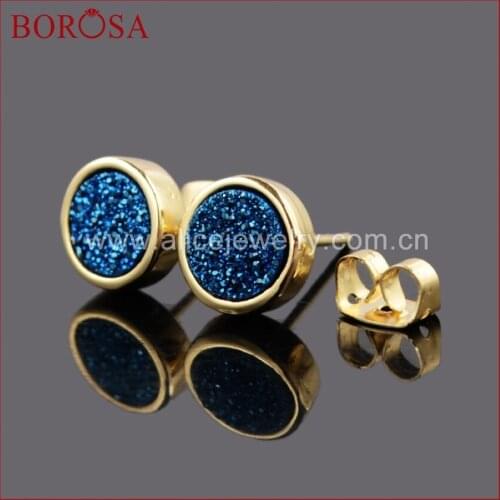 BOROSA 5Pair 8mm Round Natural Crystal Druzy Stud Earrings Gold Color Mix-color Druzy Stone fashion woman earrings 2018 G0198