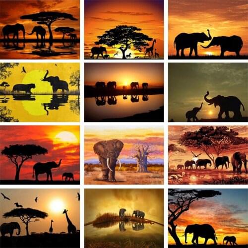 DIY 5D Diamond Pinting Sunset African Grassland Elephant Cross Stitch Full Square Round Drill Diamond Embroidery Home Decor