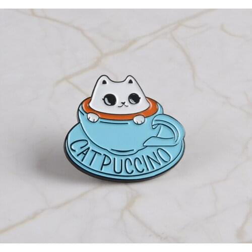 Cat coffee Enamel pin Coffee cup brooch Bag Clothes Lapel Pin Button Badge Cartoon cute animal Jewelry Gift for friends kids