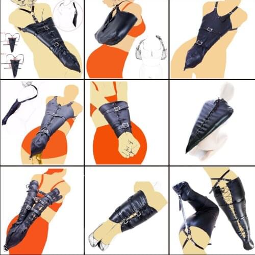 Leather Bondage Leg/Arm Binder,Behind Back Straight Jacket SM Binding Slave Lockable Glove With Shoulder Straps Erotic Sex Toys