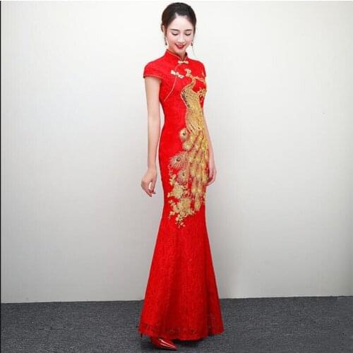 Red Chinese Wedding Dress Female Long Short Sleeve Cheongsam Gold Slim Chinese Traditional Dress Women Qipao for Wedding Party
