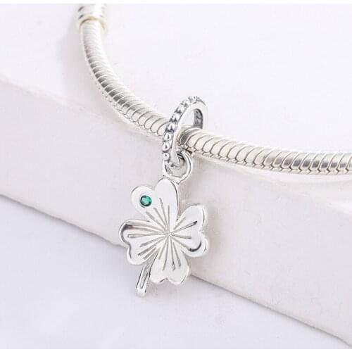 Fashion 925 Sterling Silver Lucky Four-Leaf Clover CZ Green Zircon Pendant Charms Bracelet DIY Jewelry Making For Pandora