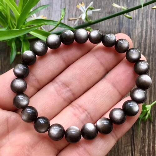 Genuine Natural Silver Obsidian Flash Bracelet Women Men Stone Stretch Round Beads Crystal 10mm 9mm 8mm 7mm AAAAA