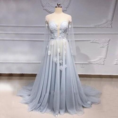 Gardenwed Illusion Blue Evening Dress 2020 de gala Long Sleeves A line Lace Bead Details abiye Formal Dresses Pleat abendkleider
