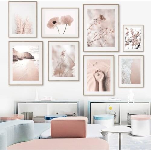 Sea Beach Landscape Poster Sand Grass Reed Plum Blossom Wall Art Canvas Painting Nordic Home Decor Pink Picture for Home Room