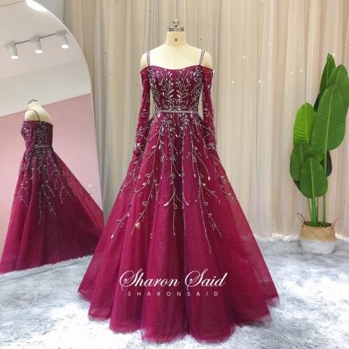 Luxury Crystal Dubai Grape Purple Evening Dresses Long Sleeve Straps Baby Blue Arabic Formal Dress for Women Wedding Engagement
