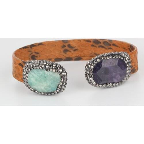 Luxury style brown leather with natural purple semi precious end tail bead charms adjustable open cuff bangle bracelet for women