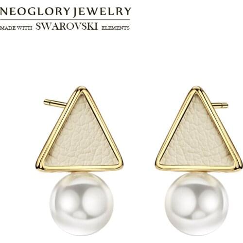 Neoglory Simulated Pearl & Artificial Leather Triangle White Stud Earrings For Elegant Girl Gold Color Party Classic