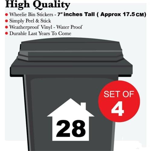4 X WHEELIE BIN NUMBERS CUSTOM HOUSE NUMBER VINYL GRAPHIC STICKERS DECAL HIGH QUALITY