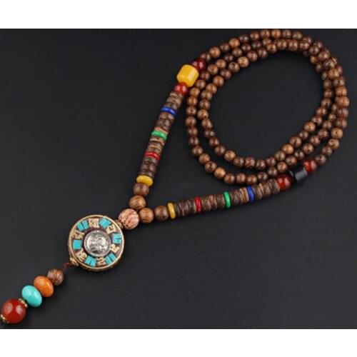 Vintage Handmade Nepal Necklace Buddhist Mala Wood Beads Pendant & Necklace Ethnic Horn Fish Long Statement Jewelry Women Men