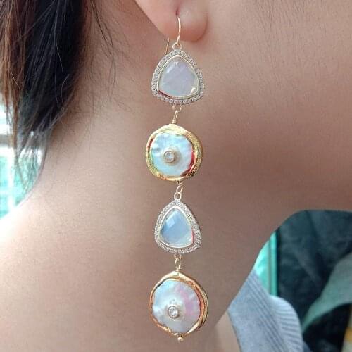 YYGEM Natural Freshwater White Keshi Pearl White Crystal Cz pave Hook Earrings luxury Style for women