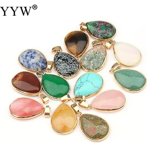 YYW Women Natural Stone Pendant Water Drop Shape Pendants Blue Spot/ Rose Quartz/Tiger Eye Pendants For Necklaces Jewelry Making