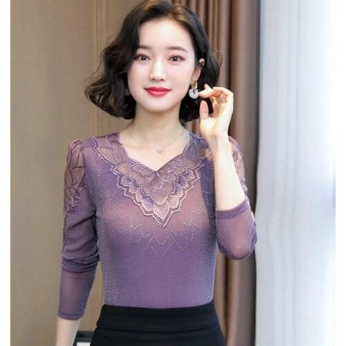 Spring Autumn Womens T-Shirt Fashion Casual Long Sleeve Embroidered Mesh Tops Elegant Slim Plus Size Tshirt M-4XL Y777