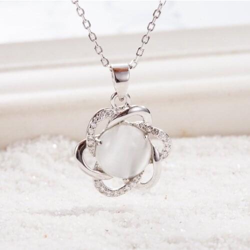 925 Sterling Silver Pendant with White Opal Stone Flower Shape Silver Pendant