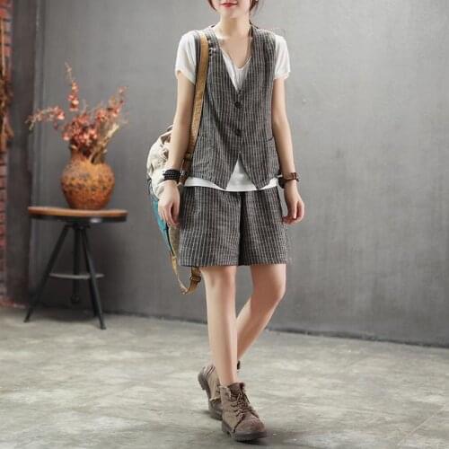 Female 2021 Summer Fashion Retro Cotton Striped Vest and T-shirt + Casual All-match Shorts Suits Three-piece Suit Women Y817