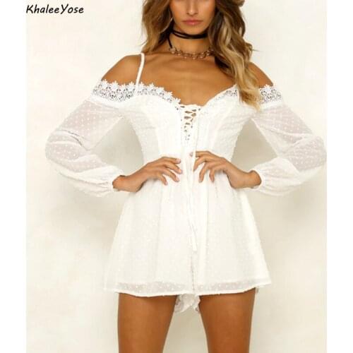 KHALEE YOSE White Lace Playsuits Rompers Women Spaghetti Strap Chiffon Jumpsuits Off Shoulder Casual Chic Sexy Short Jumpsuit