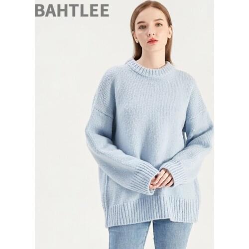 BAHTLEE Winter Autumn Womens Mohair Wool Knitted Pullovers Sweater Coarse Yam O-Neck Long Sleeves Thick Looser Keep Warm