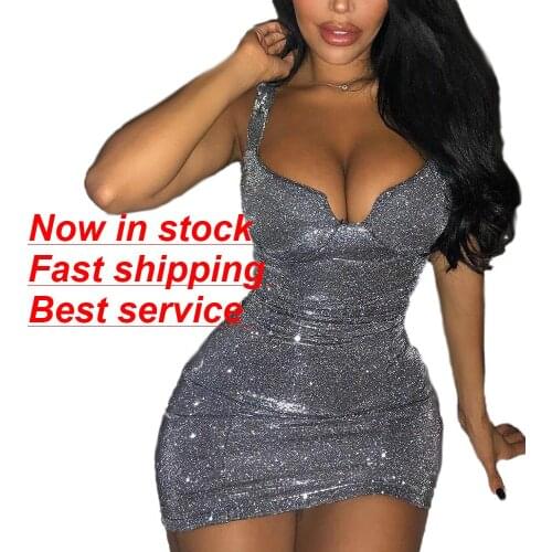 Women Sequined Bodycon Deep V-Neck Shiny Straps Short Tight Sexy Party Club Mini Dress