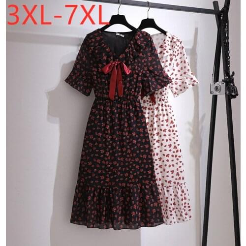New 2021 Ladies Summer Plus Size Midi Dress For Women Large Short sleeve Slim Floral Print Bow Chiffon Dress 3XL 4XL 5XL 6XL 7XL