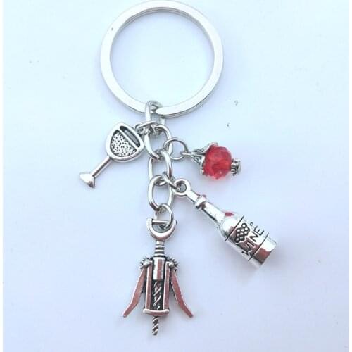 1pcs Red Wine Glass Charm Keychain Cheers Jewelry GIfts For Wine Lover Wine Bottle Opener Charm Red Beads Keyring