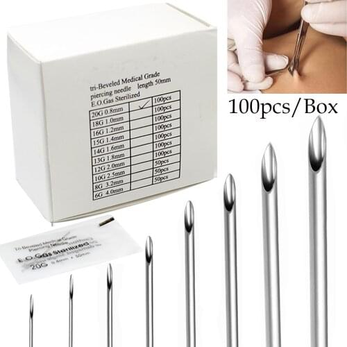 100pcs Disposable Sterile Body Piercing Needles Medical Tattoo Needle for Navel Nipple Lip Navel Ring Kit Surgical Steel Tools