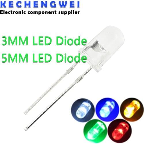 100pcsHigh quality Transparent Round 5mm/3mm Super Bright Water Clear Green Red White Yellow Blue Light LED Bulbs Emitting Diode