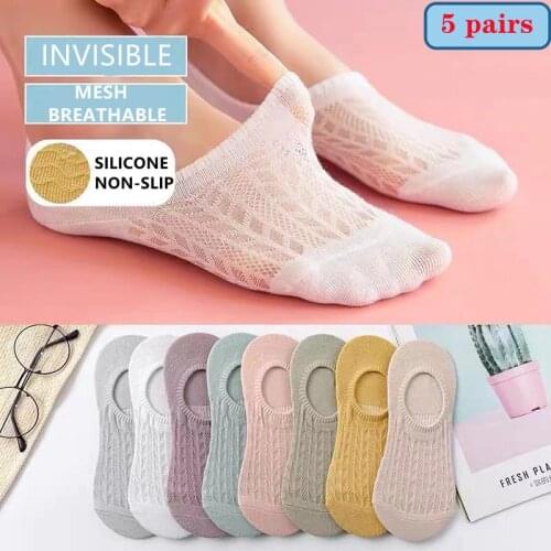 5 Pairs new style Women Silicone non-slip invisible Socks Summer Solid candy Color Mesh Ankle Boat Socks Cotton Slipper No show