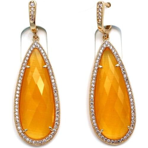 6pairs Cats Eye Stone Stud Earring CZ Paved Long Drop Blue Yellow Stone Dangle Earrings for Women Lady Fashion Jewelry Gift