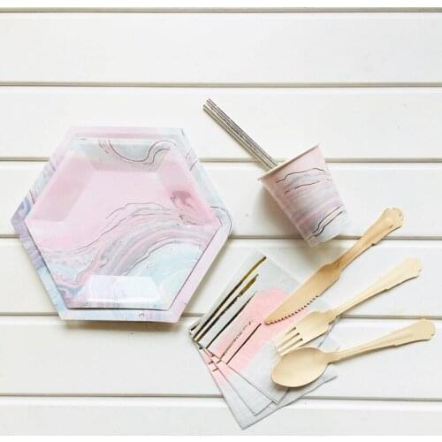 Disposable Gradient Marble Paper Tableware For Birthday Parties