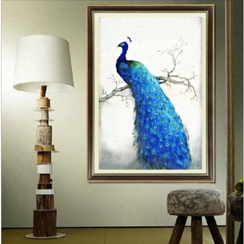 Diy 5d Round Mosaic Diamond Embroidery Cross-stitch Picture Decorative Painting Rhinestone Animal Blue Peacock