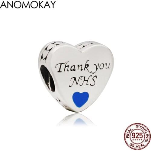 Anomokay 100% Sterling 925 Silver Thank You Letter Love Charm for DIY Bracelet Banble with Dark Blue Heart Silver Beads
