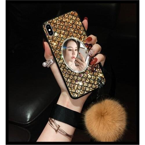 Bling Diamond Mirror Fish Scale Case Cover With Real Fox Fur Ball Pendant Hand Chain For Iphone 11 Pro XS Max XR X 8 7 6 6S Plus