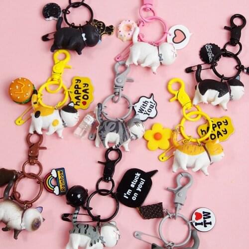 Cute Imitated Pet Animal Cartoon Kitty Puppy Cat 3D Frech Bulldog Pet Keychain Women Metal Key Ring Chains Car Bag Charm D429