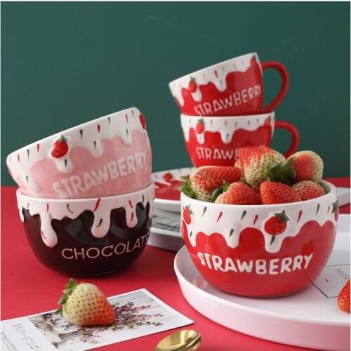 Sweet Strawberry and Cream Bowl Pink Red Chocolate Colour Ceramic Bowl for Oat Meal Desert Ice Cream 500ml Cute Bowl for Child