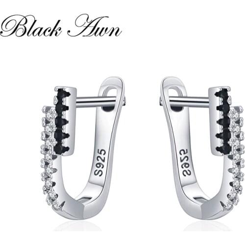 Black Awn Hoop Earrings for Women Classic 925 Sterling Silver Trendy Spinel Engagement Fine Jewelry I210