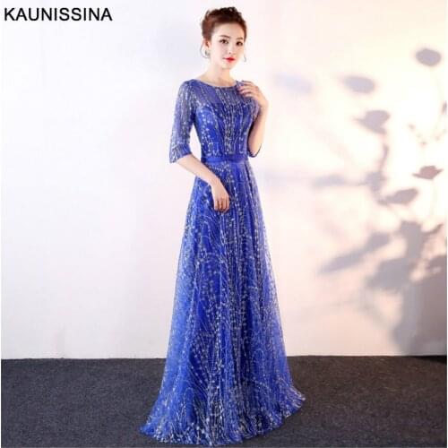 KAUNISSINA Elegant Sequins Evening Dress Half Sleeve Floor-length Formal Prom Dresses Banquet A-Line Party Gown Plus Size