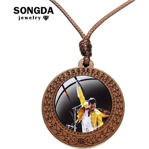 SONGDA Freddie Mercury Portrait Necklace Rock Band Queen Lead Singer Glass Photo Cabochon Wood Pendant Necklace Music Fans Gift