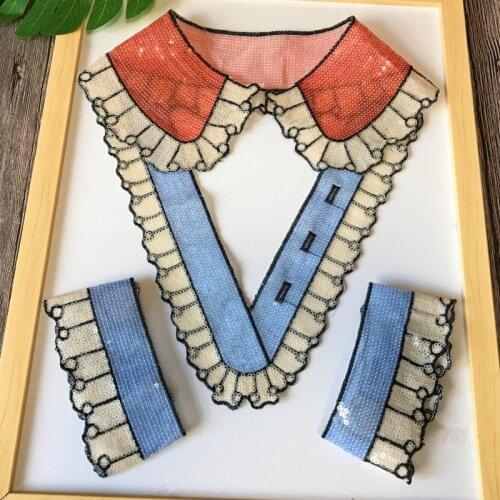 Red blue collar sequins embroidered applique patch cartoon fabric patches DIY clothing decoration patches sewing accessories